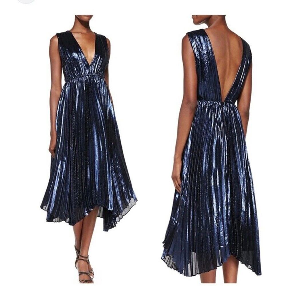Alice + Olivia Metallic Navy Plunging Pleated High-Low Dress